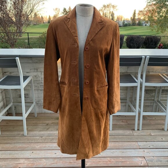 Vintage Bagatelle Camel Suede Leather Long Midi Overcoat Blazer Trench Coat - Picture 4 of 16